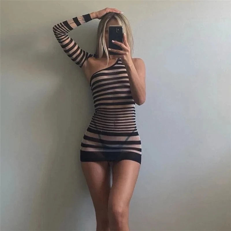 Bomblook C105DS01 2024 Spring Sexy Outfits Dress For Women Sheer Mini Bodycon Dress Striped Print One Shoulder Dresses