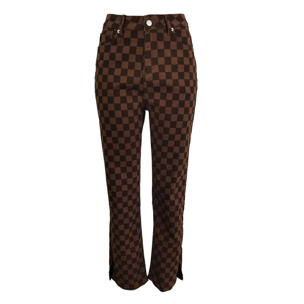 Bomblook C1104ST Vintage Plaid Print Trousers Casual Women Pants Y2K Streetwear Denim Pants Straight Slit Jeans Women