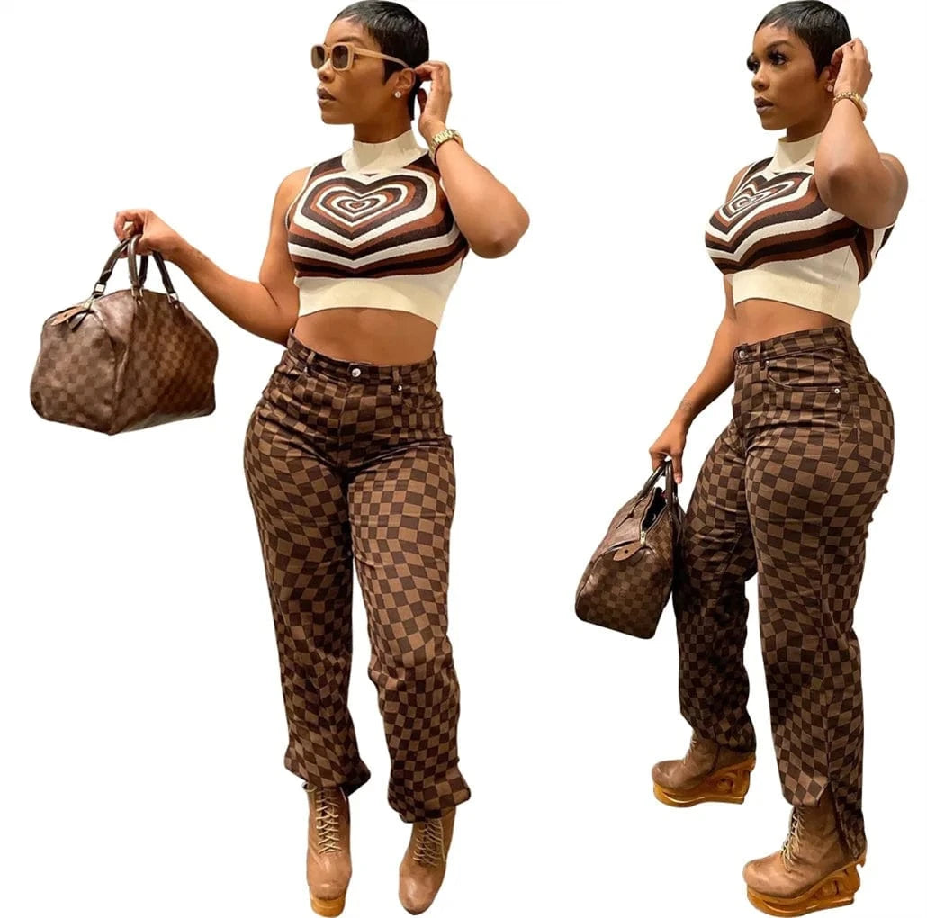 Bomblook C1104ST Vintage Plaid Print Trousers Casual Women Pants Y2K Streetwear Denim Pants Straight Slit Jeans Women