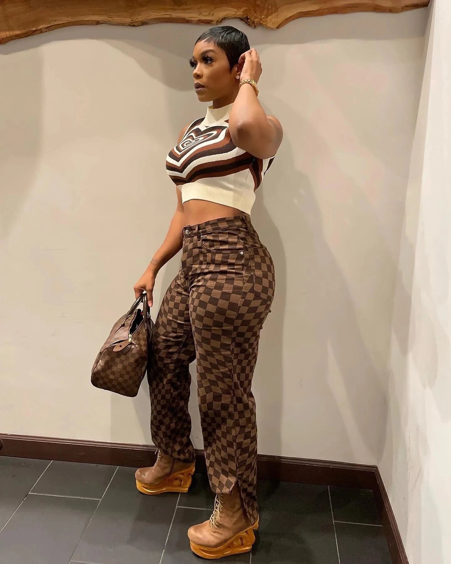 Bomblook C1104ST Vintage Plaid Print Trousers Casual Women Pants Y2K Streetwear Denim Pants Straight Slit Jeans Women