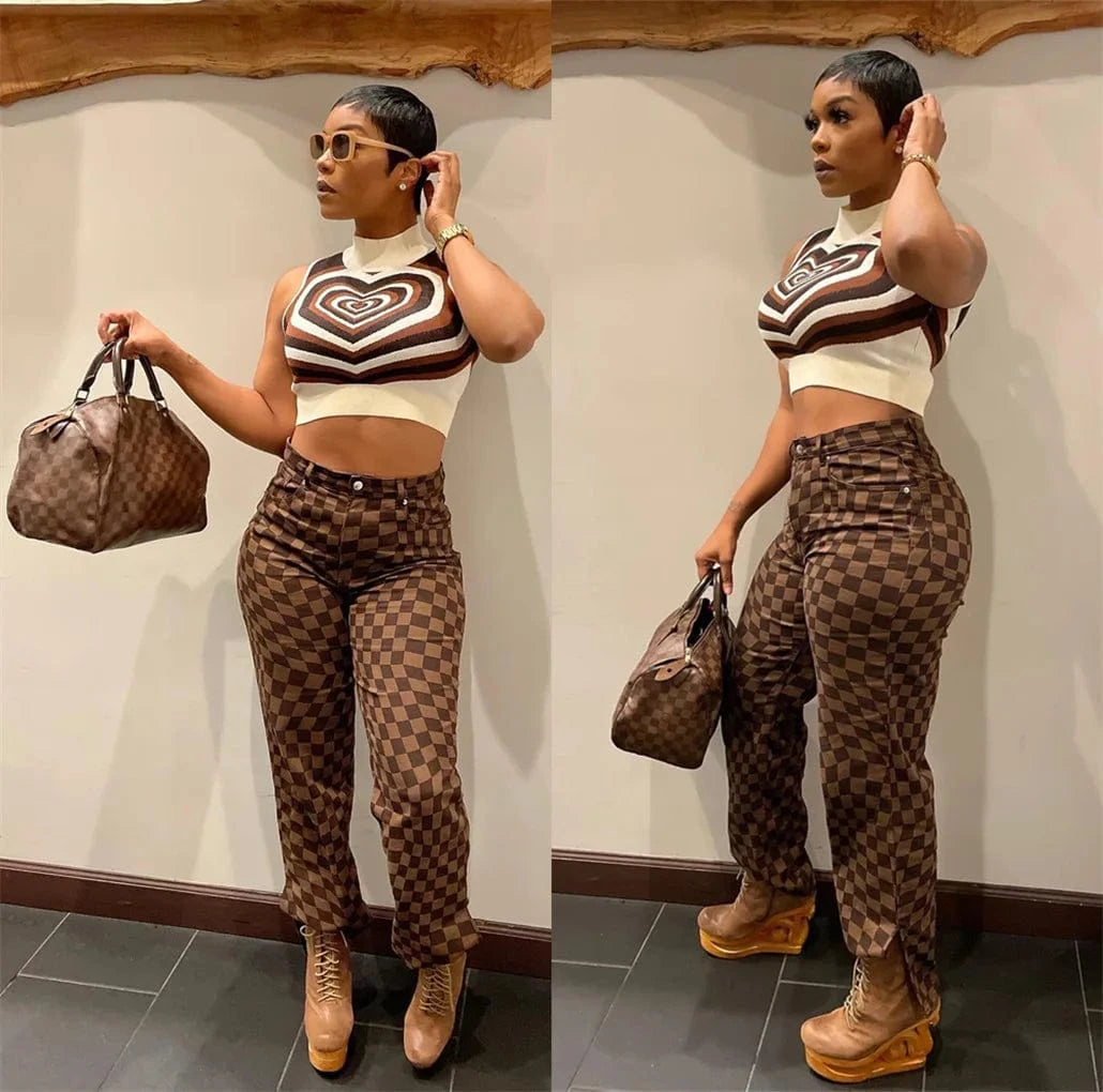 Bomblook C1104ST Vintage Plaid Print Trousers Casual Women Pants Y2K Streetwear Denim Pants Straight Slit Jeans Women