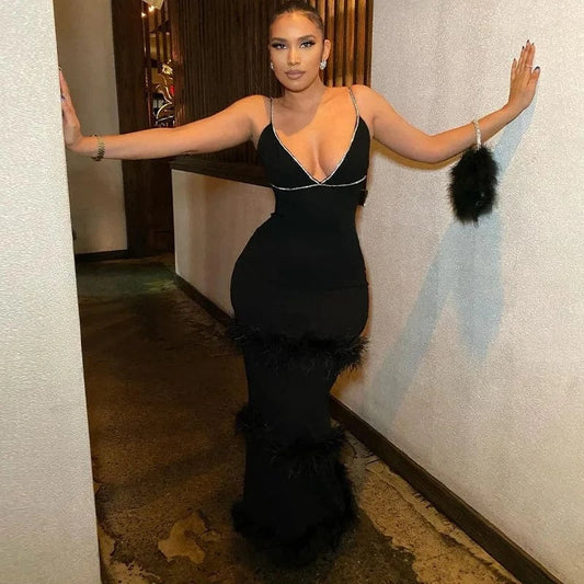 Bomblook C1107DS01 2023 Maxi Outfits Women Fall Clothes Slip Dress With Fur Ladies Dress Formal Party Rhinestone Dresses Women