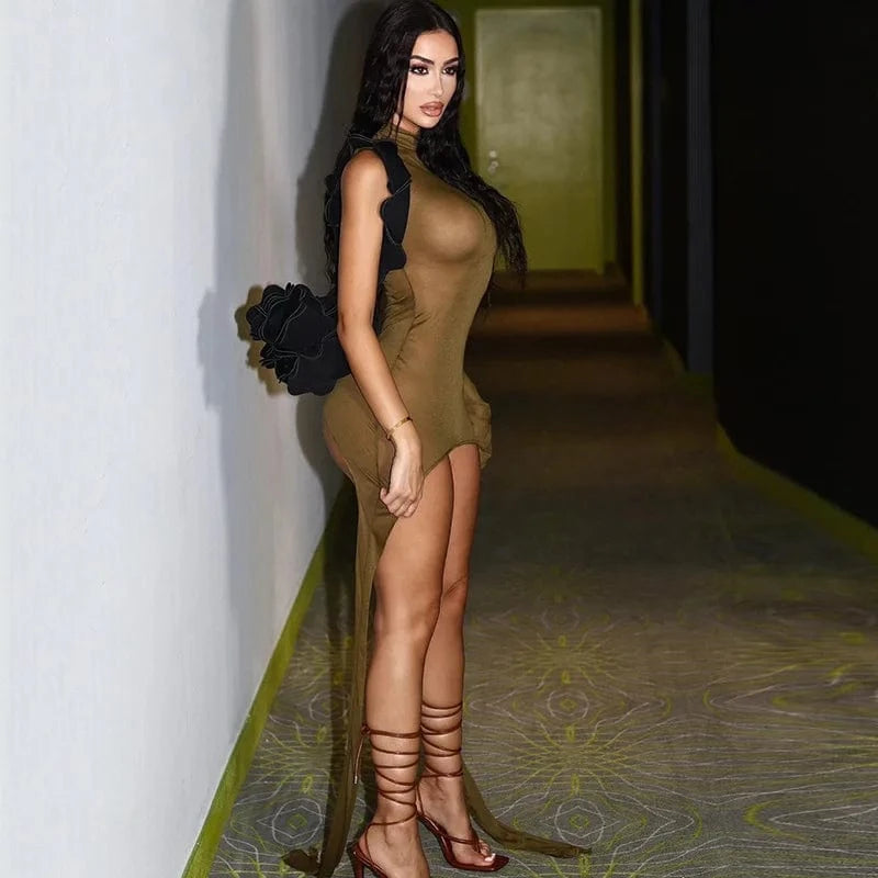 Bomblook C110DS01 2024 Spring Sexy Outfits Dress For Women Sheer Mini Bodycon Dress Solid One Shoulder Dresses With Long String