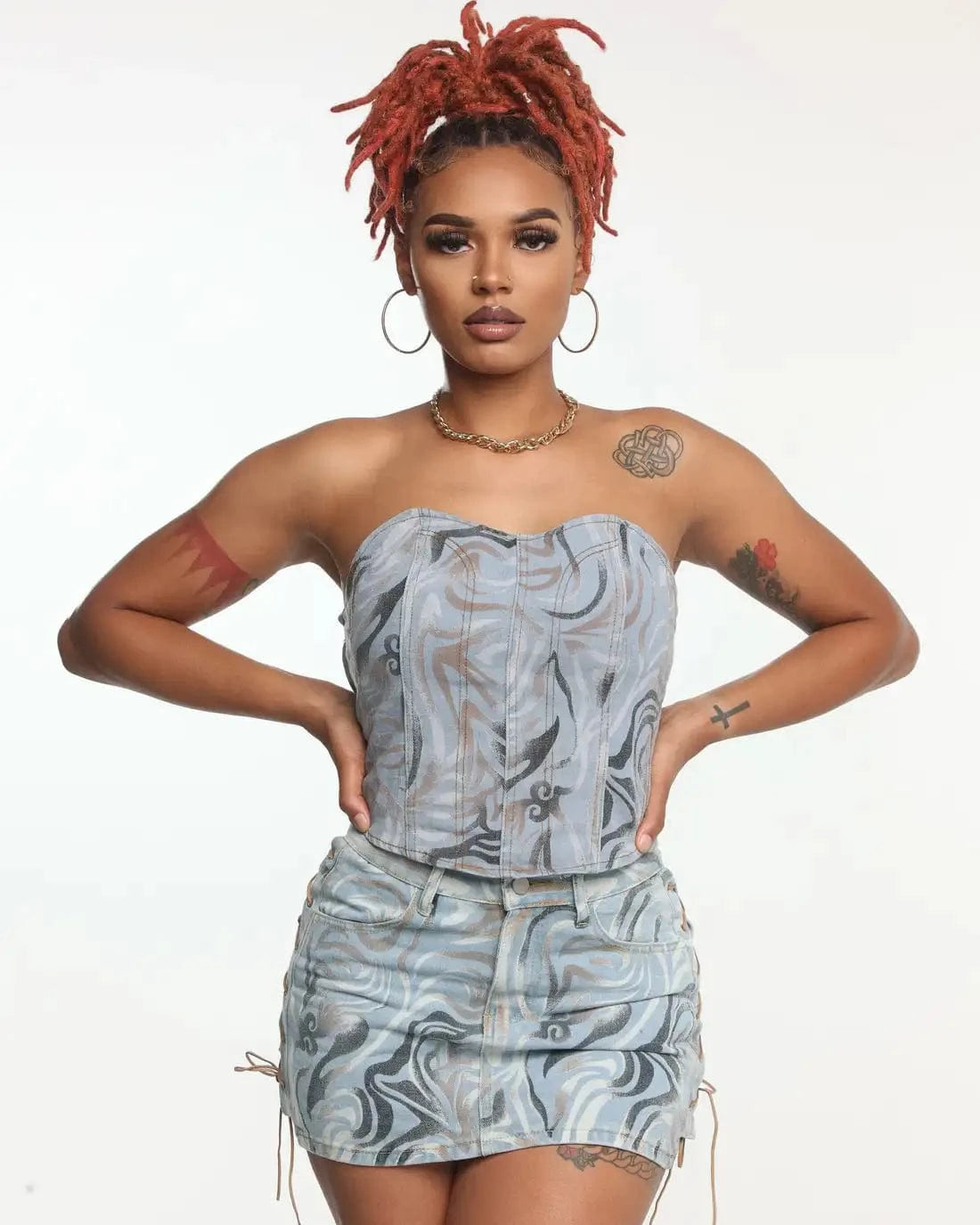 Bomblook C1114ST 2024 Spring Denim Ladies Outfits Lace Up Corset With Mini Skirt Streetwear Sets Backless Two Piece Set Women