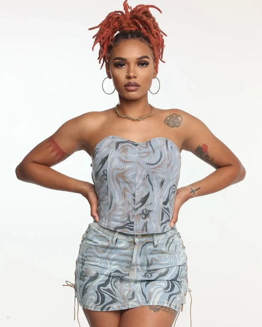 Bomblook C1114ST 2024 Spring Denim Ladies Outfits Lace Up Corset With Mini Skirt Streetwear Sets Backless Two Piece Set Women