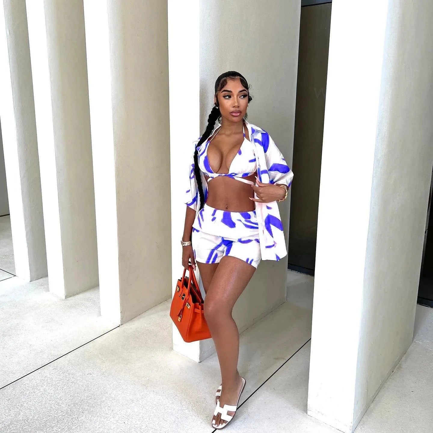 Bomblook C1115ST Hawaii 2024 Spring 3 Pieces Set Shirt Top With Shorts Women Three Piece Shorts Holiday Beach Set