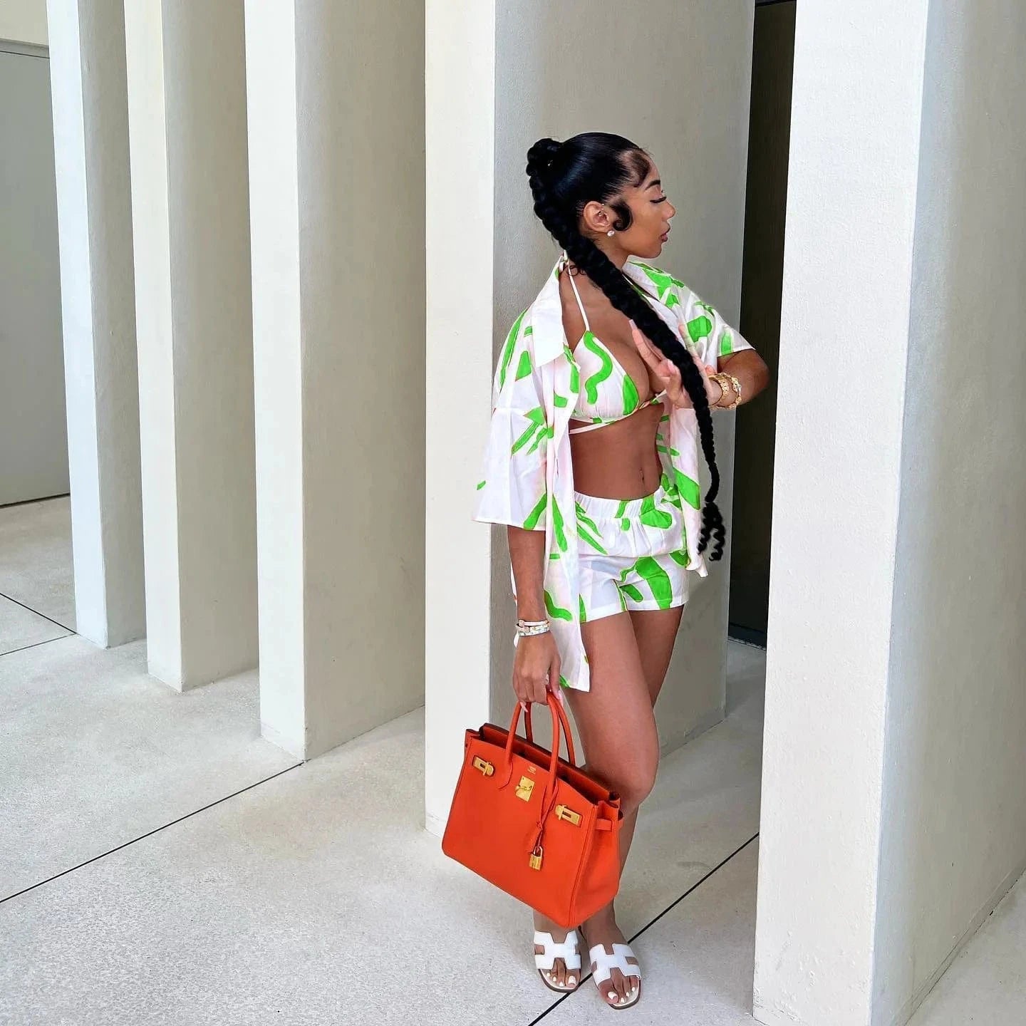 Bomblook C1115ST Hawaii 2024 Spring 3 Pieces Set Shirt Top With Shorts Women Three Piece Shorts Holiday Beach Set