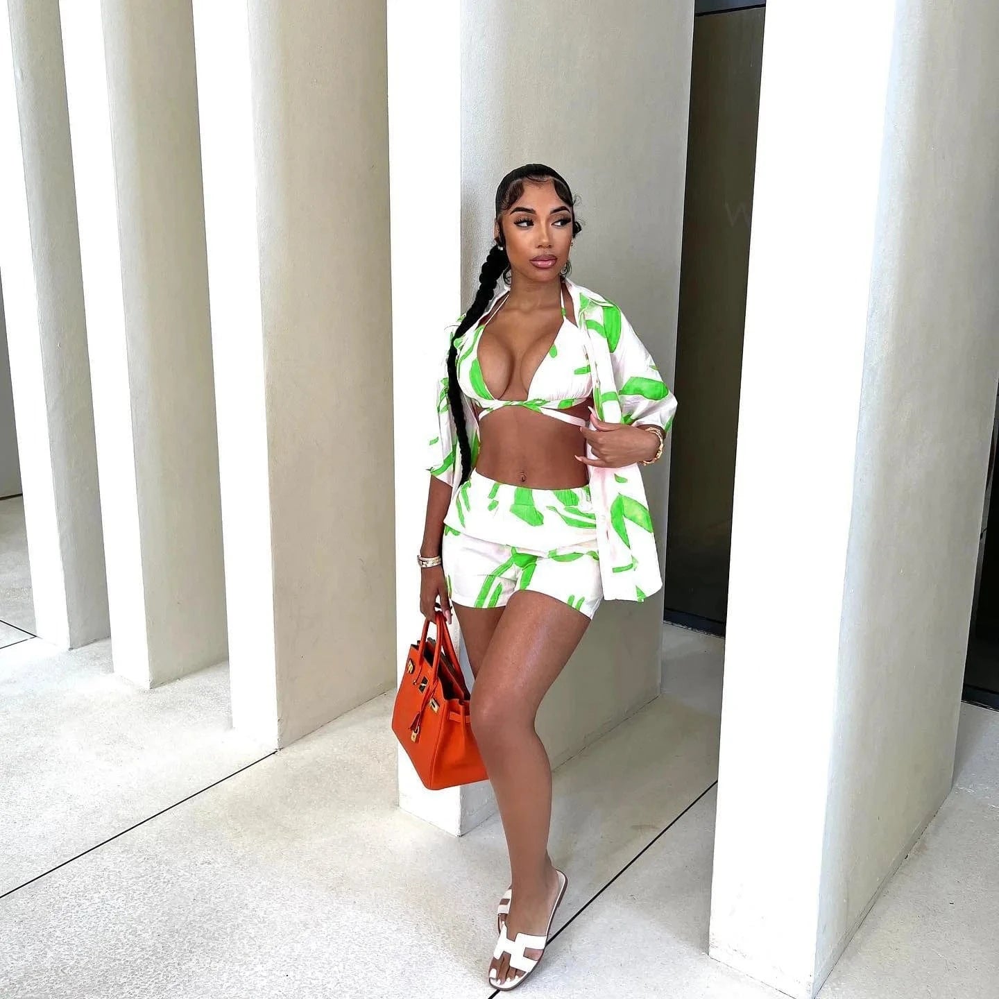 Bomblook C1115ST Hawaii 2024 Spring 3 Pieces Set Shirt Top With Shorts Women Three Piece Shorts Holiday Beach Set