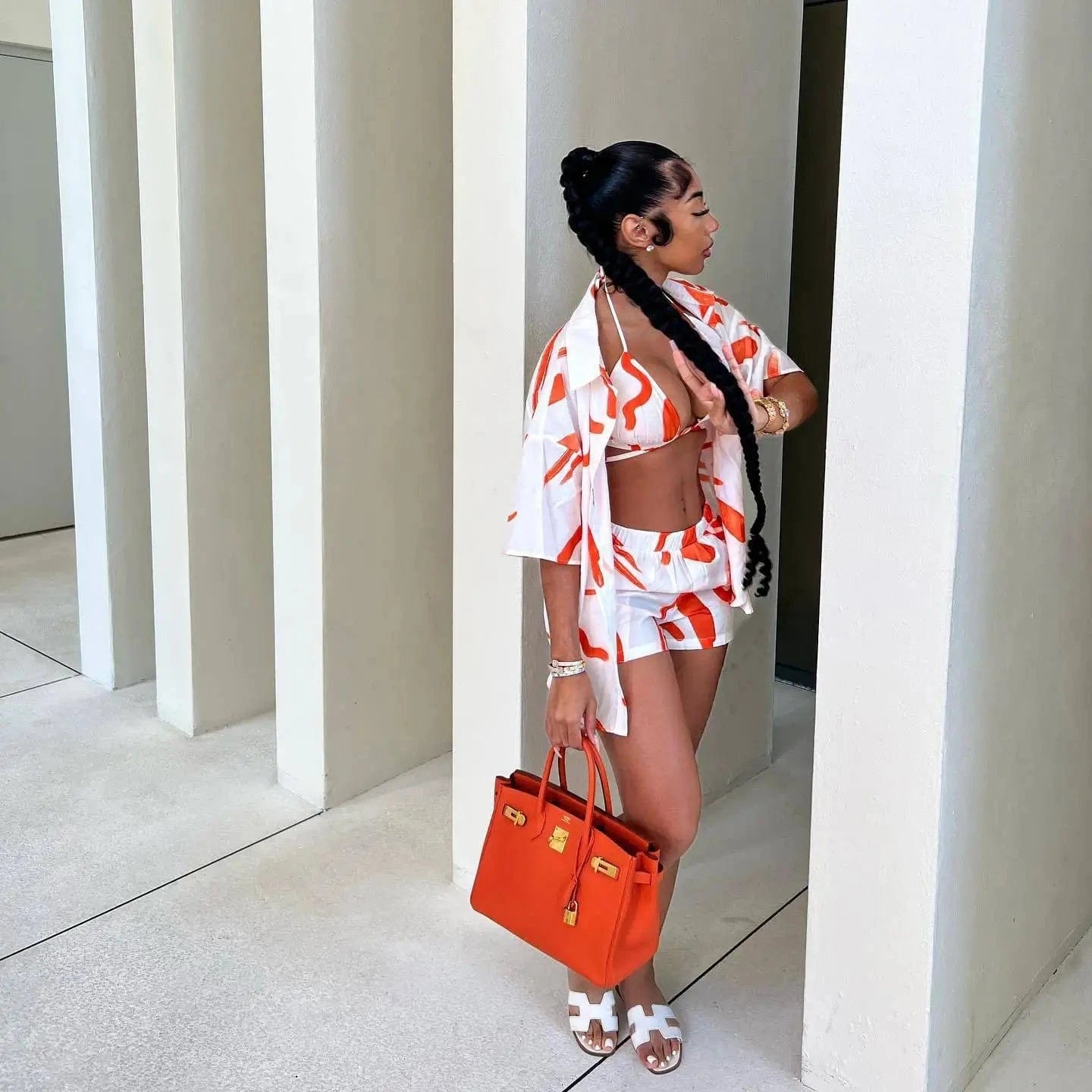 Bomblook C1115ST Hawaii 2024 Spring 3 Pieces Set Shirt Top With Shorts Women Three Piece Shorts Holiday Beach Set