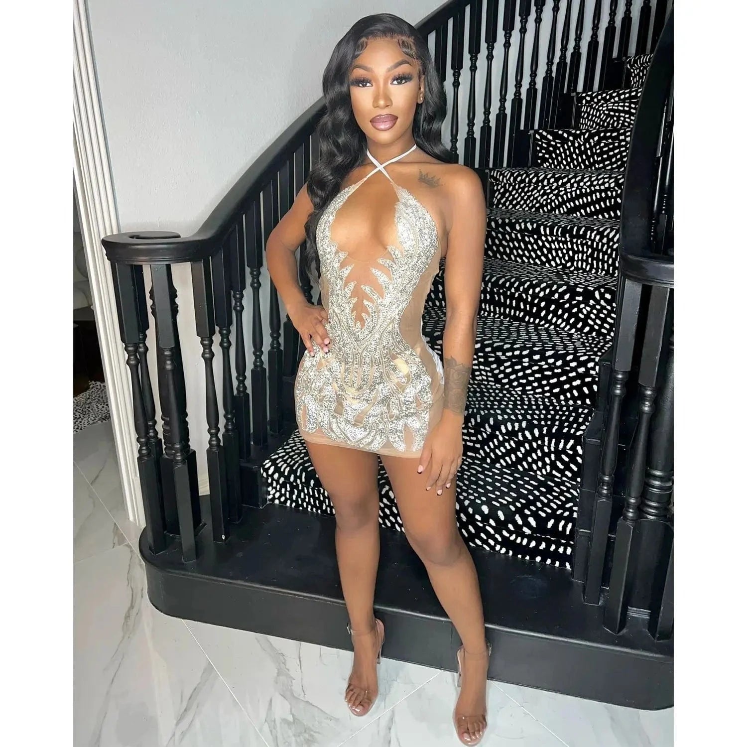 Bomblook C111DS02 2024 Spring Slim New Design Backless Outfits Club Halter Evening Dresses With Beading Mini Sheer Dress