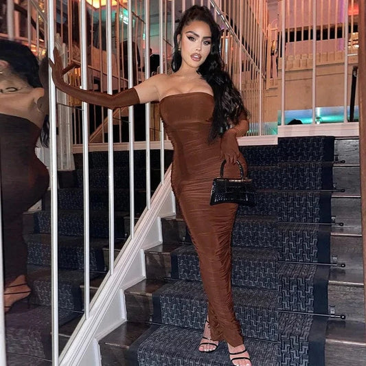 Bomblook C1120DS Spring 2024 Women Outfits Clothing Solid Full Sleeve Sexy Dress Party Evening Wear Ruched Slash Neck Dresses
