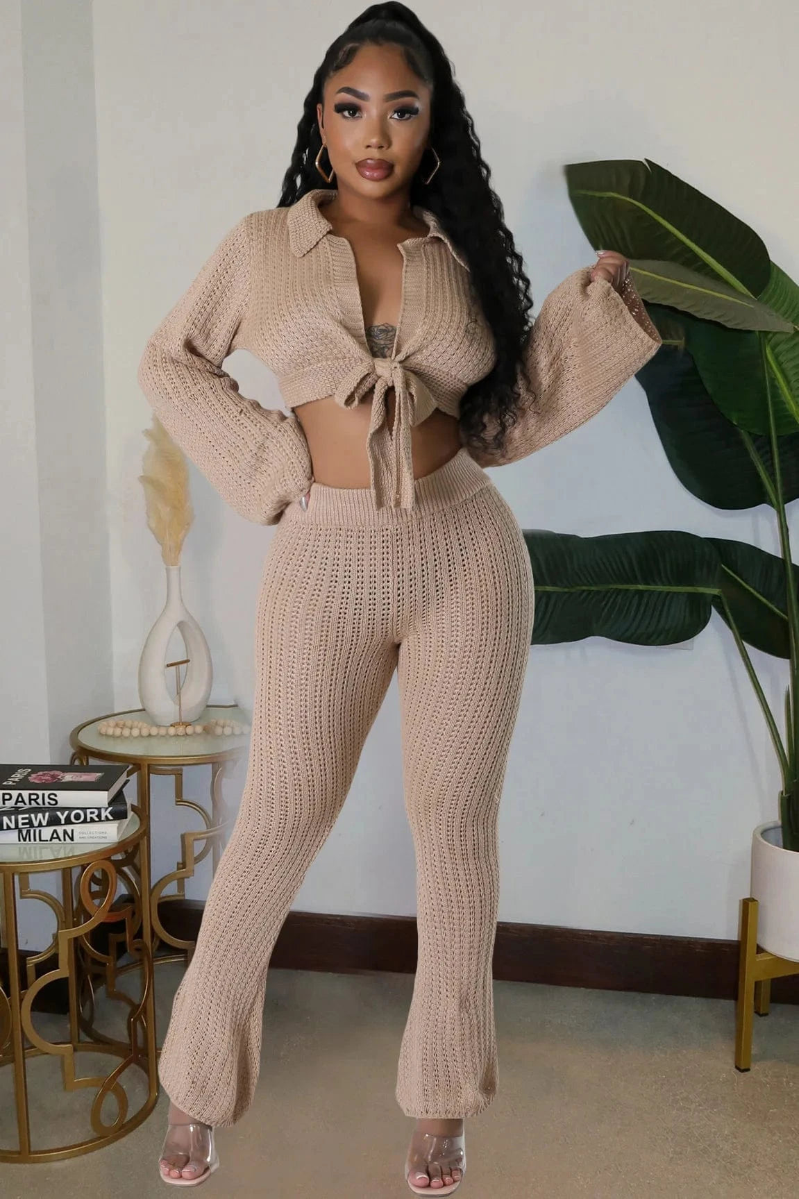 Bomblook C113ST01 2024 Clothes For Women Outfits Solid Tie Up Top  With Pencil Pants Sexy Outfits Women Real Knit Two Piece Set