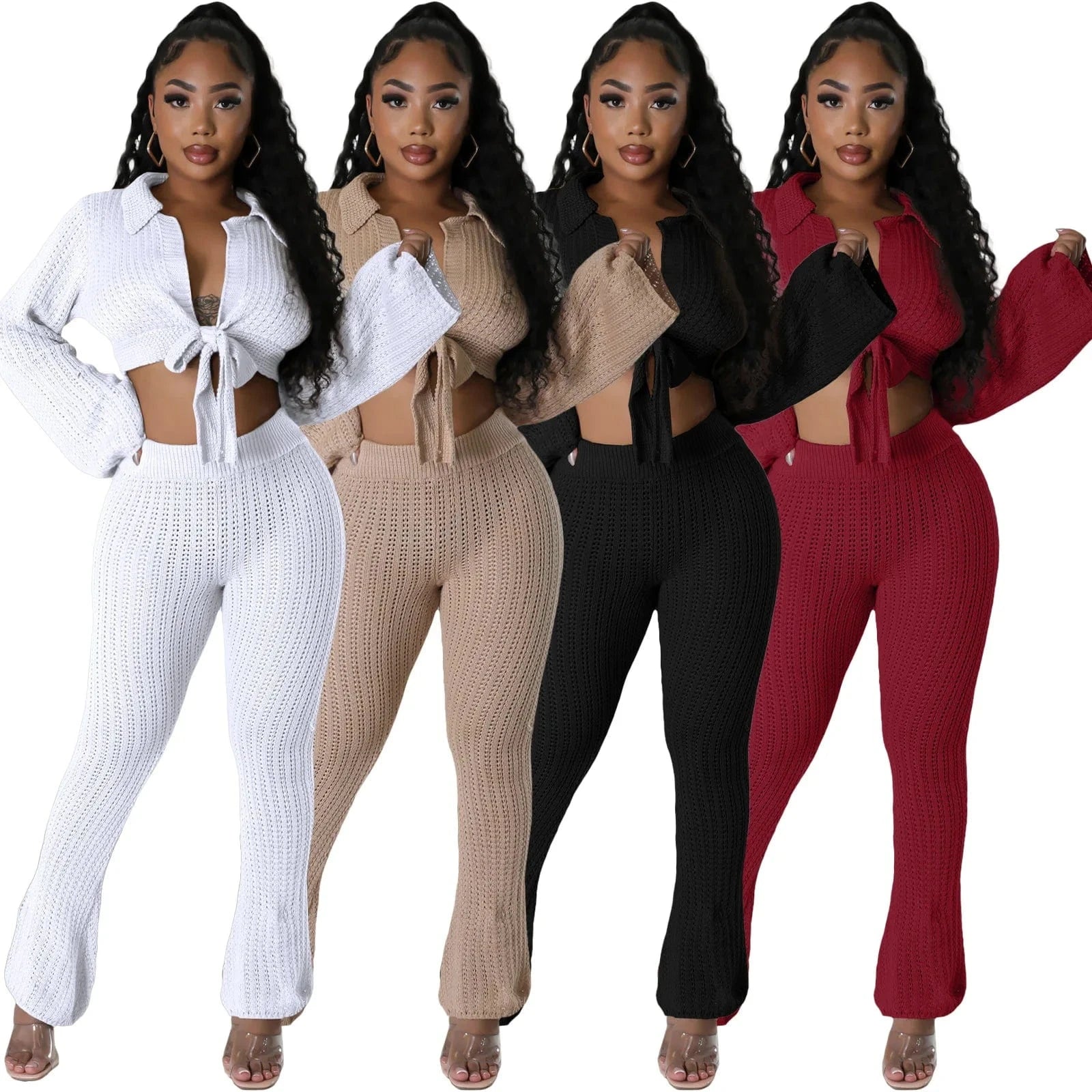 Bomblook C113ST01 2024 Clothes For Women Outfits Solid Tie Up Top  With Pencil Pants Sexy Outfits Women Real Knit Two Piece Set