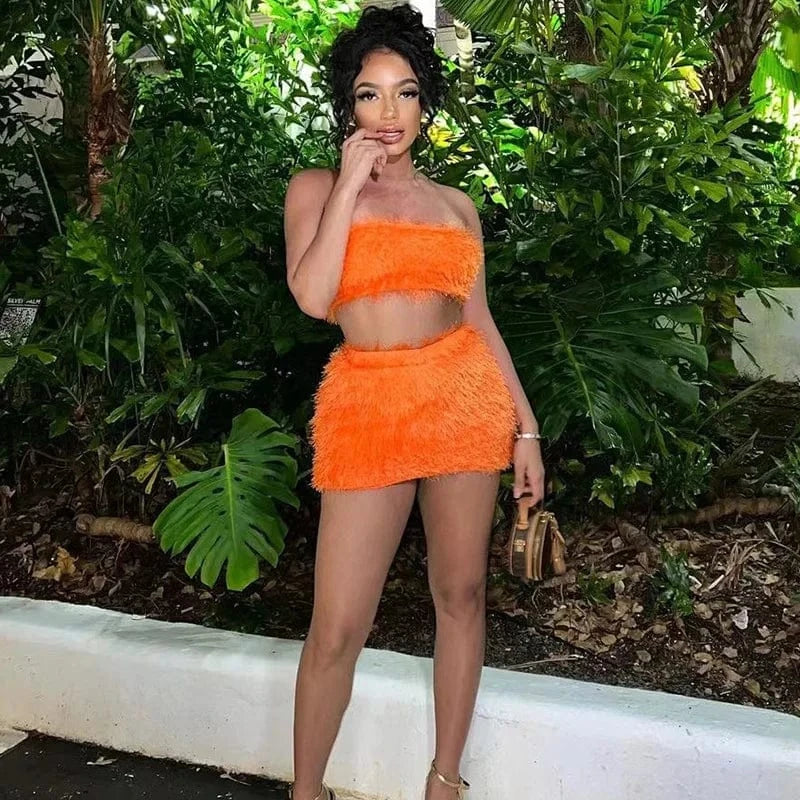 Bomblook C113ST02 Fuzzy Outfits 2024 Spring Corset With Mini Skirt Sexy Party Club Wear 2 Piece Set For Women Bodycon Skirt Set