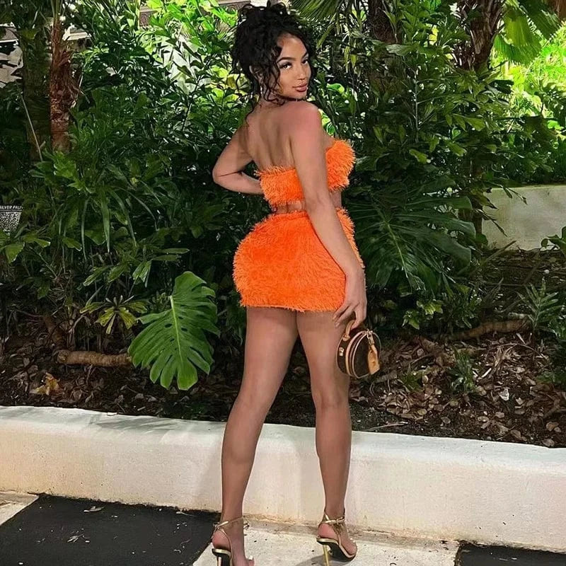 Bomblook C113ST02 Fuzzy Outfits 2024 Spring Corset With Mini Skirt Sexy Party Club Wear 2 Piece Set For Women Bodycon Skirt Set