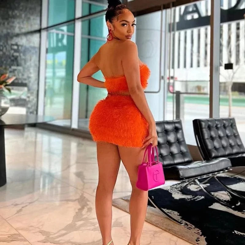 Bomblook C113ST02 Fuzzy Outfits 2024 Spring Corset With Mini Skirt Sexy Party Club Wear 2 Piece Set For Women Bodycon Skirt Set