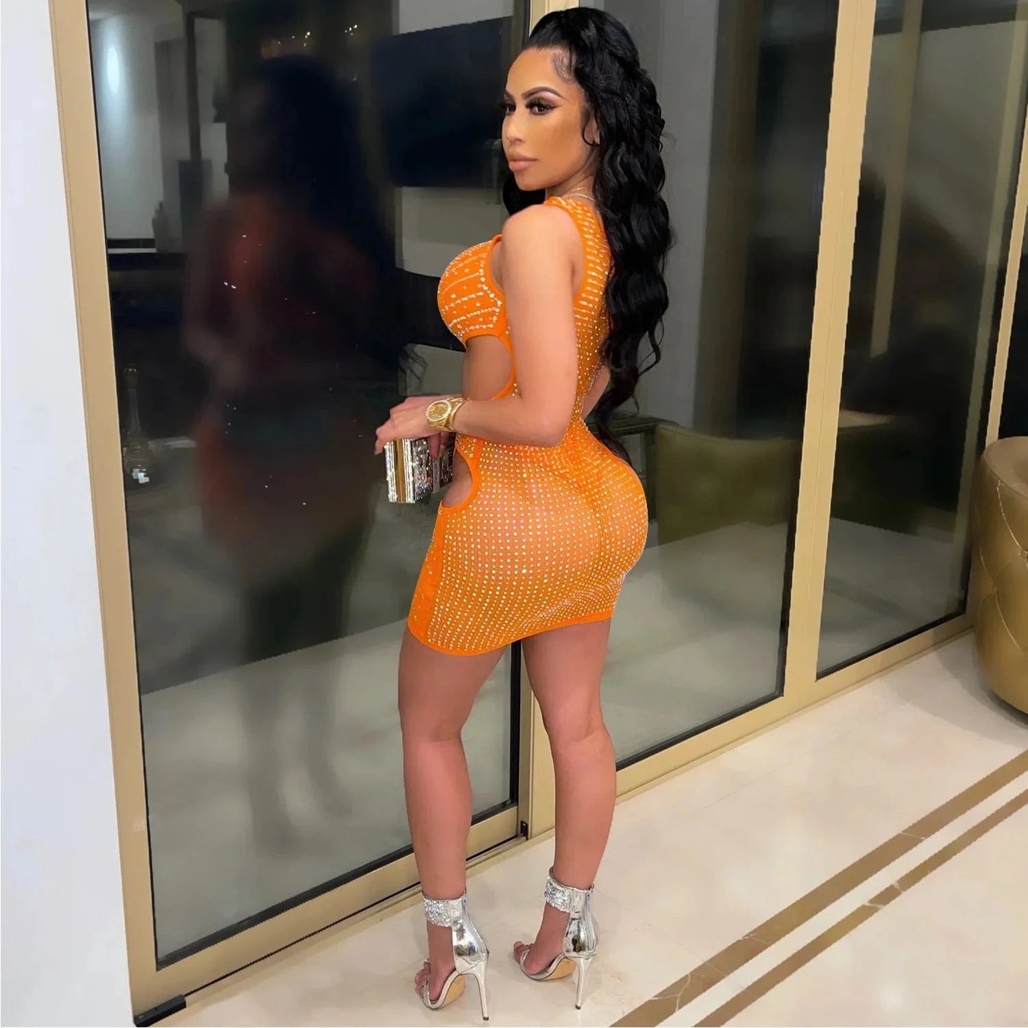 Bomblook C117DS02 2024 Spring New Arrivals One Shoulder Outfits Cutout Outfits Party Club Beading Mini Mesh Dress With Underwear