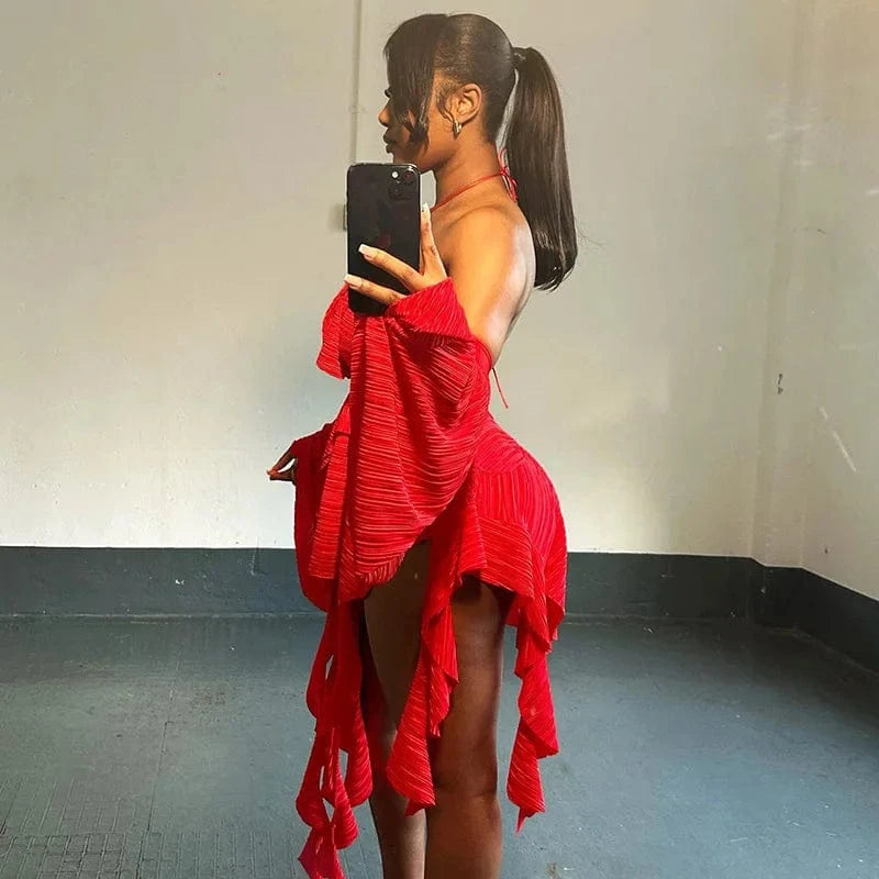 Bomblook C117DS03 2024 Spring Sexy Outfits Red Draped Dress For Women Ruffle Mini Bodycon Irregular Dress With Gloves