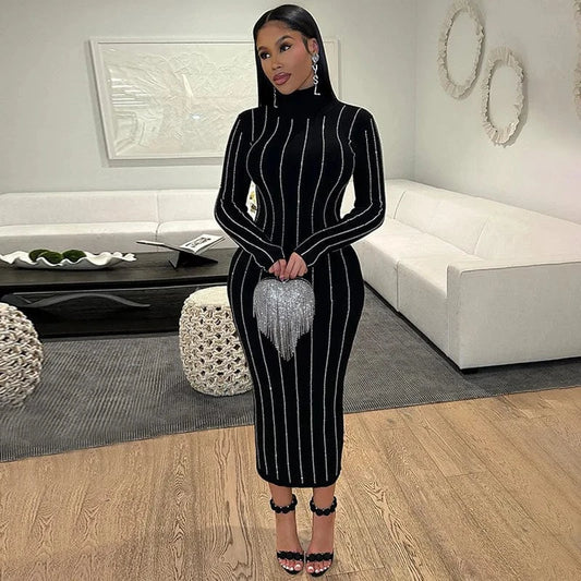 Bomblook C1203DS Spring New Design Ladies Elegant Women's Clothing High Neck Outfits Rhinestone Midi Dress 2024