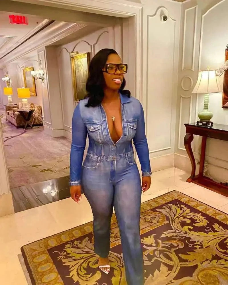 Bomblook C1220JP Fashionable Denim Print Streetwear Women Jumpsuit Printed Jumpsuit Women Women Single Breasted Jumpsuit 2024