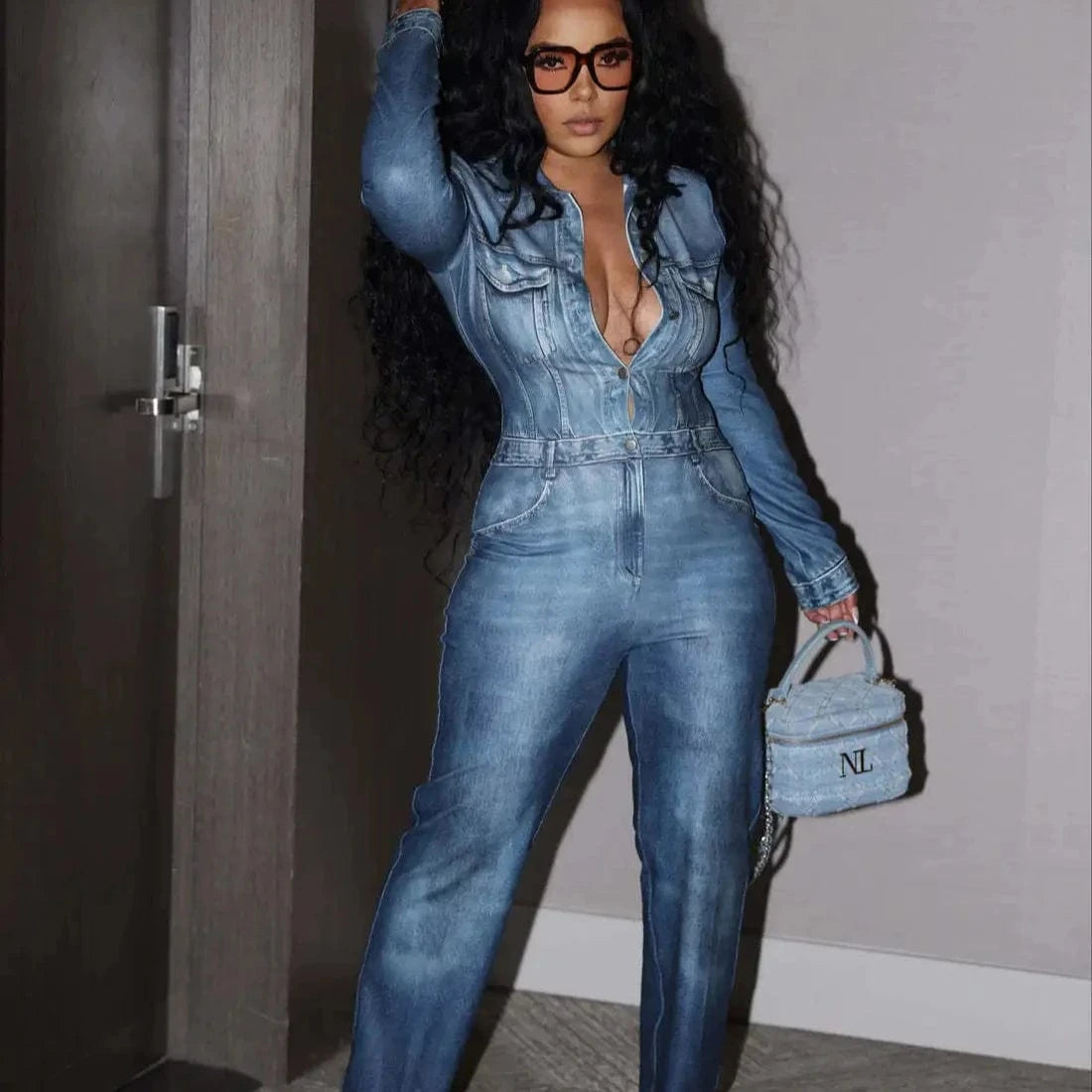 Bomblook C1220JP Fashionable Denim Print Streetwear Women Jumpsuit Printed Jumpsuit Women Women Single Breasted Jumpsuit 2024