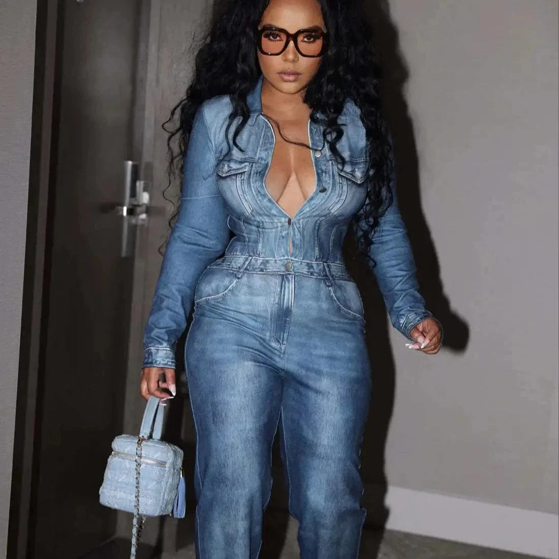 Bomblook C1220JP Fashionable Denim Print Streetwear Women Jumpsuit Printed Jumpsuit Women Women Single Breasted Jumpsuit 2024