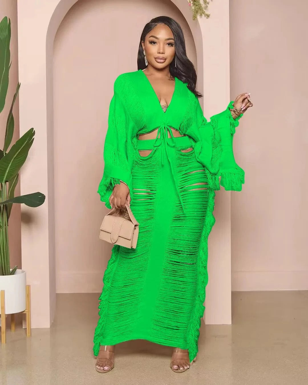 Bomblook C1229ST03 2024 Solid Deep V Neck Outfits Top Sets With Hollow Out Skirt Knit 2 Piece Set Women Streetwear Set