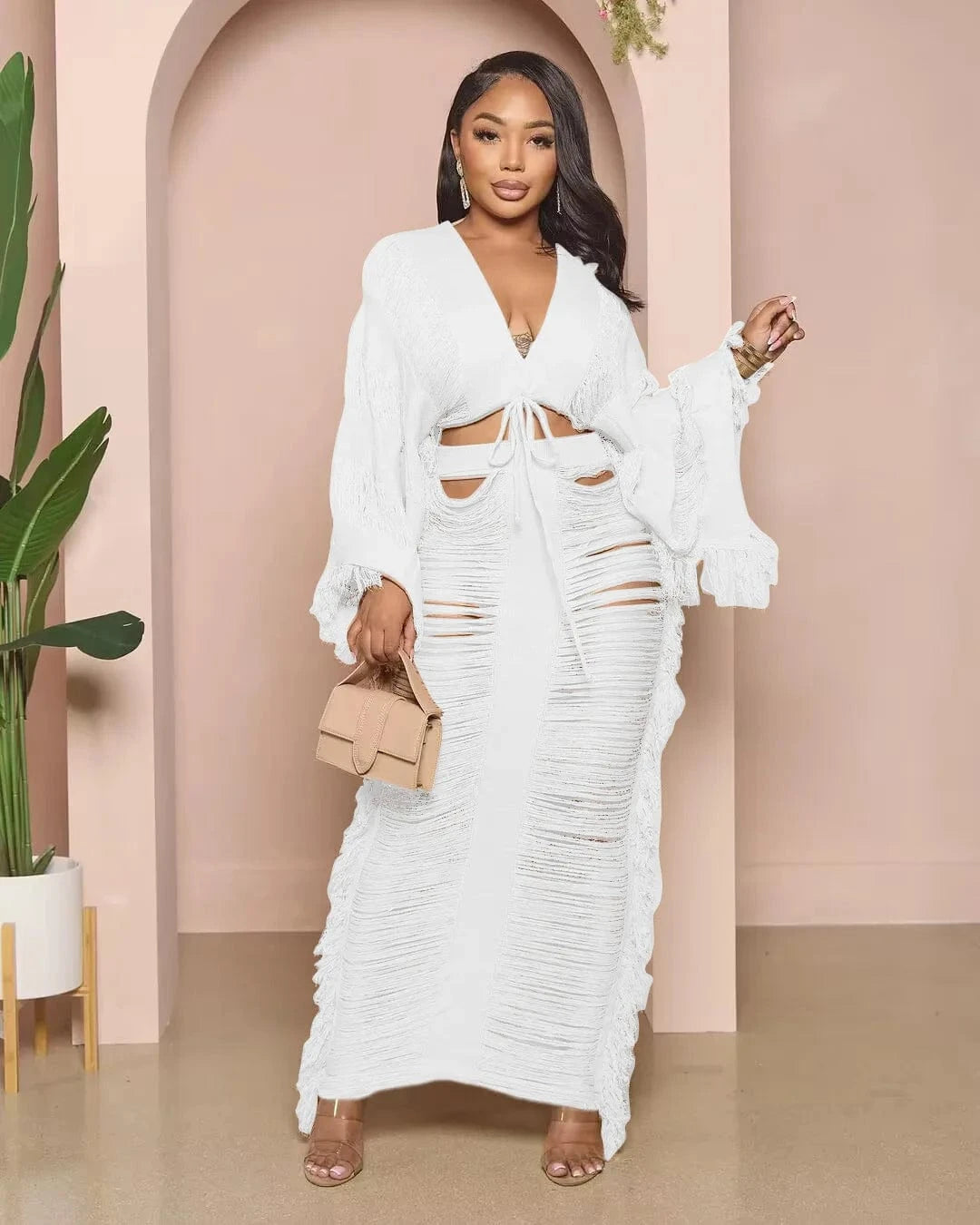 Bomblook C1229ST03 2024 Solid Deep V Neck Outfits Top Sets With Hollow Out Skirt Knit 2 Piece Set Women Streetwear Set