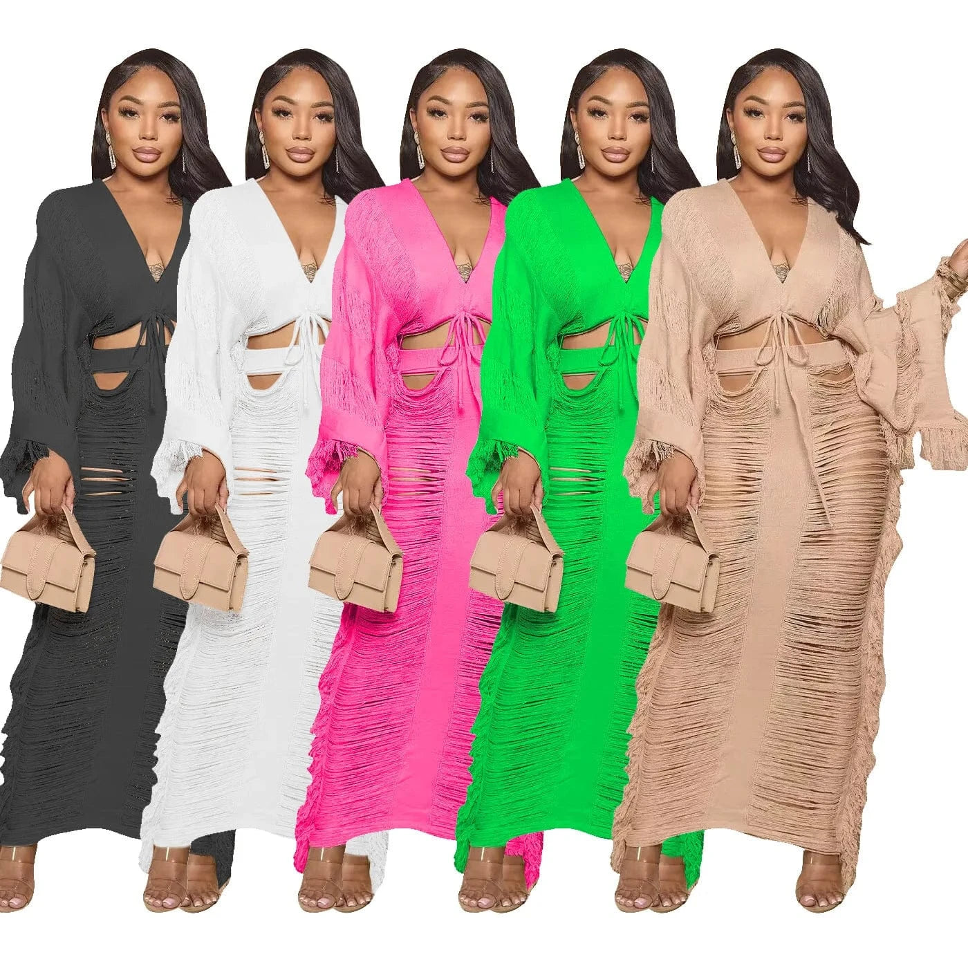 Bomblook C1229ST03 2024 Solid Deep V Neck Outfits Top Sets With Hollow Out Skirt Knit 2 Piece Set Women Streetwear Set