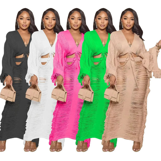 Bomblook C1229ST03 2024 Solid Deep V Neck Outfits Top Sets With Hollow Out Skirt Knit 2 Piece Set Women Streetwear Set