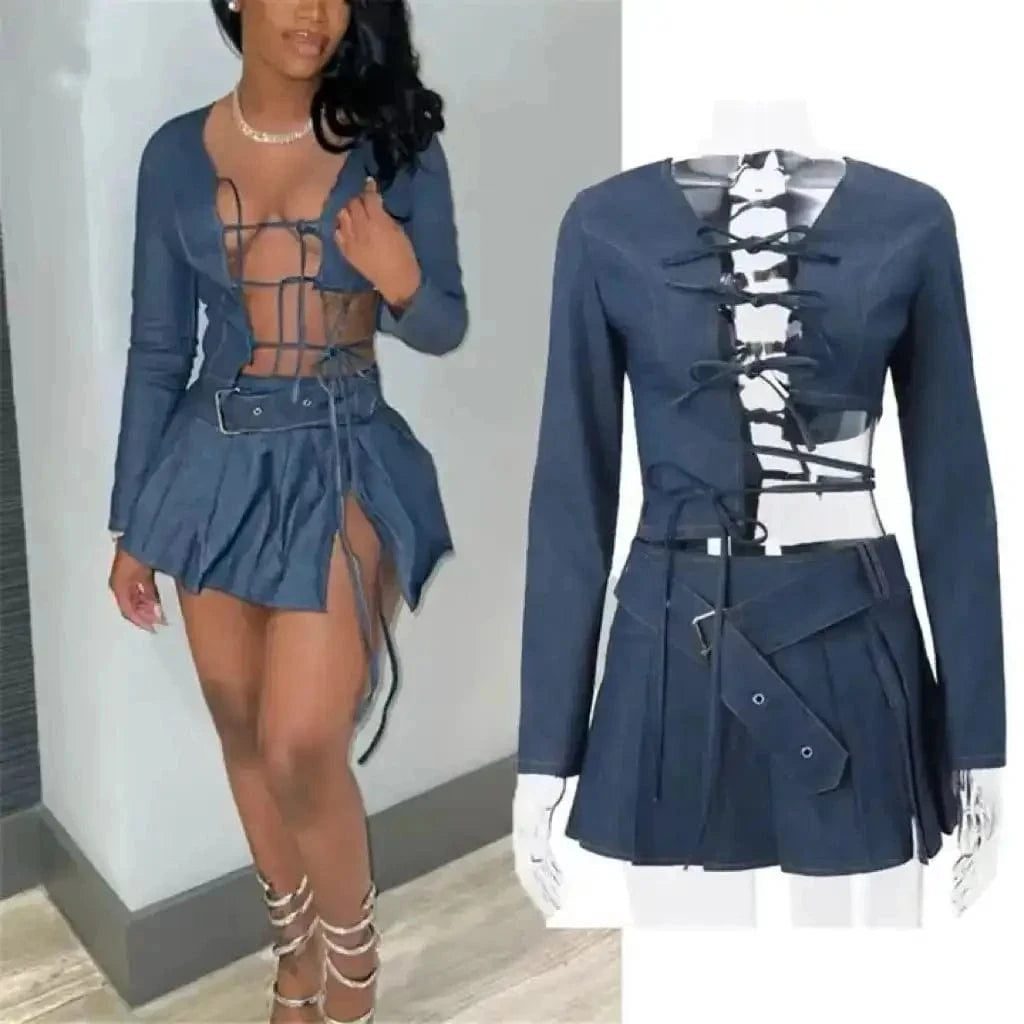 Bomblook C124ST New Design Denim Lace Up Crop Top With Pleated Skirt Suit Women Outfits 2 Piece Set Women 2024