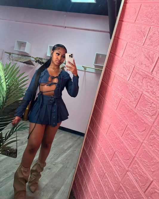 Bomblook C124ST New Design Denim Lace Up Crop Top With Pleated Skirt Suit Women Outfits 2 Piece Set Women 2024