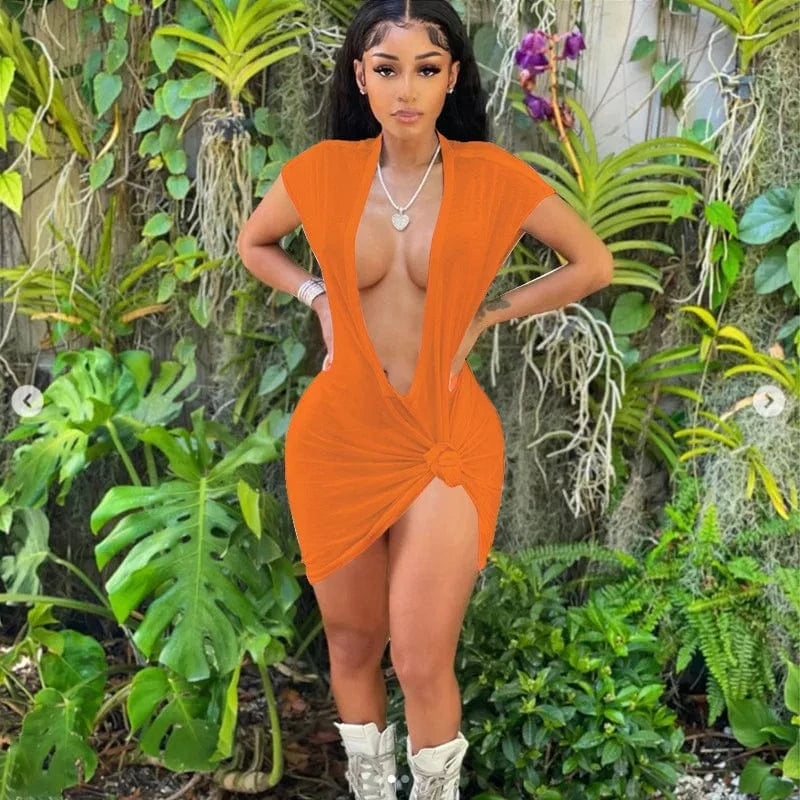 Bomblook C129DS Sexy Outfits Solid Women Party Club Dresses Short Sleeve Deep V Neck Mini Knotted Elegant Dress