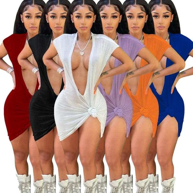 Bomblook C129DS Sexy Outfits Solid Women Party Club Dresses Short Sleeve Deep V Neck Mini Knotted Elegant Dress