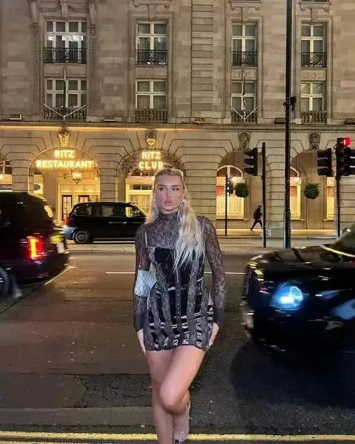 Bomblook C130DS02 New Arrivals 2024 Spring Velvet Patchwork Outfits Party Bodycon See Through Women Sexy Lady Elegant Dress