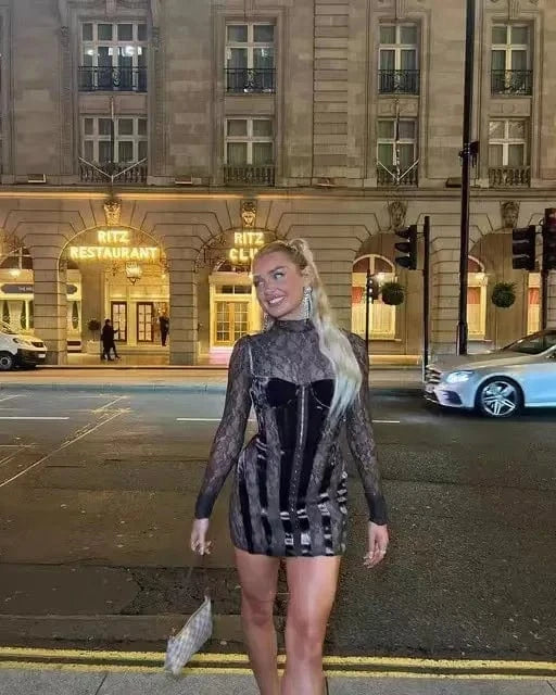 Bomblook C130DS02 New Arrivals 2024 Spring Velvet Patchwork Outfits Party Bodycon See Through Women Sexy Lady Elegant Dress