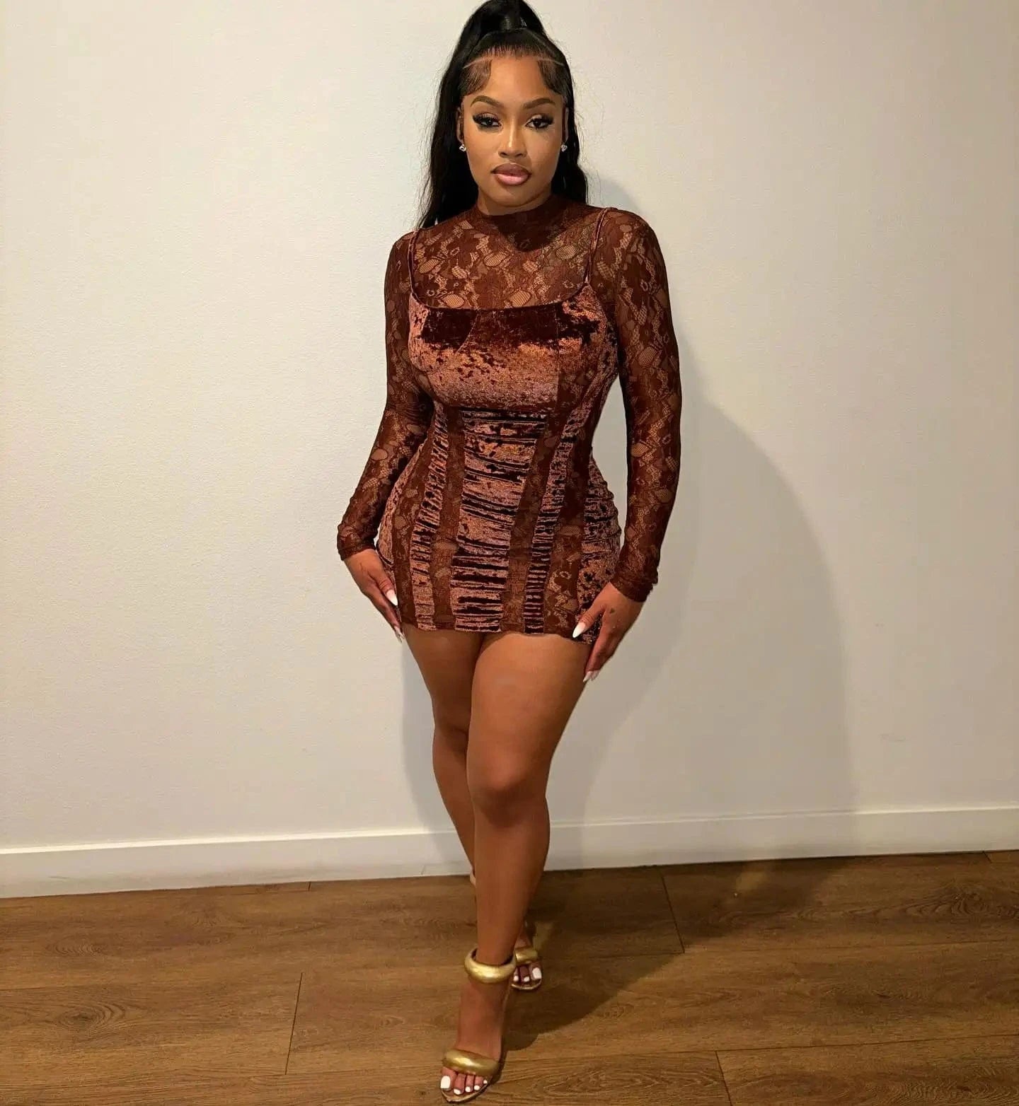 Bomblook C130DS02 New Arrivals 2024 Spring Velvet Patchwork Outfits Party Bodycon See Through Women Sexy Lady Elegant Dress