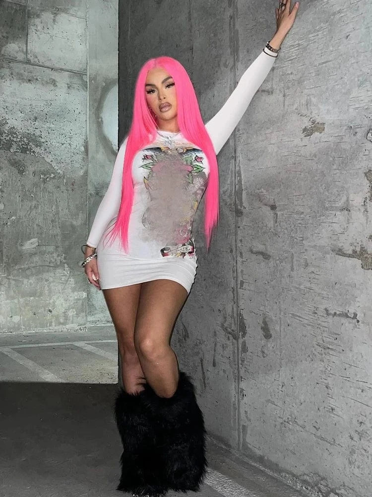 Bomblook C301DS03 Brand Print Outfit Casual Bodycon Dress Lady Mini Y2K Streetwear Party Slim Dress 2024 Spring