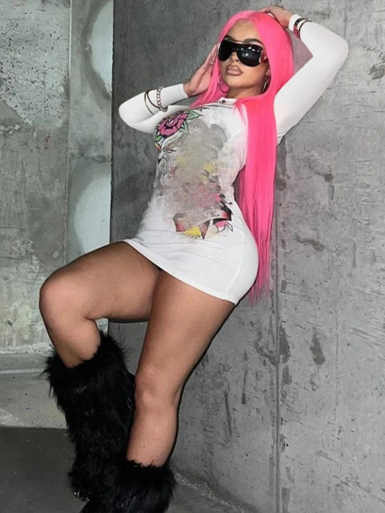 Bomblook C301DS03 Brand Print Outfit Casual Bodycon Dress Lady Mini Y2K Streetwear Party Slim Dress 2024 Spring