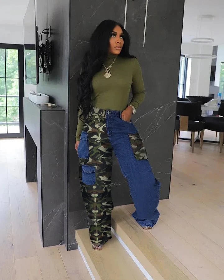 Bomblook C301PT 2024 Spring Denim Pants Washed Camo Patchwork Cargo Jeans With Pockets For Women Casual Jean Good Quality Jeans