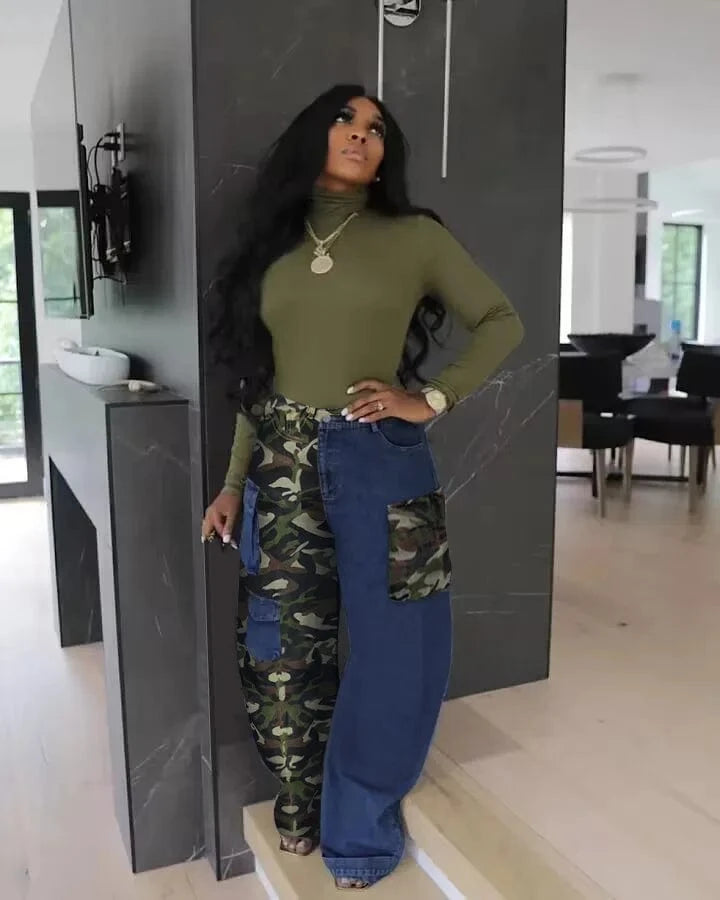 Bomblook C301PT 2024 Spring Denim Pants Washed Camo Patchwork Cargo Jeans With Pockets For Women Casual Jean Good Quality Jeans