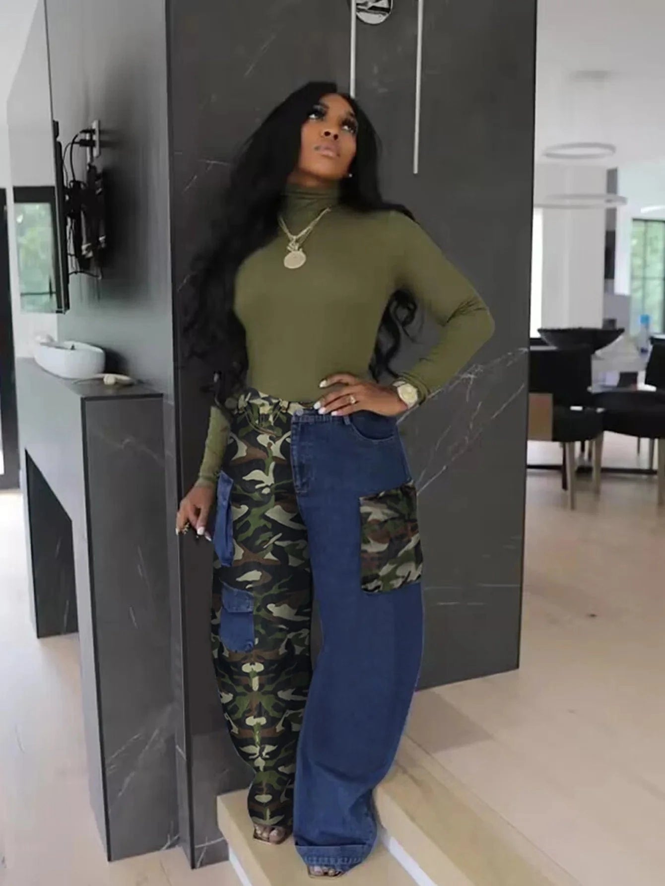 Bomblook C301PT 2024 Spring Denim Pants Washed Camo Patchwork Cargo Jeans With Pockets For Women Casual Jean Good Quality Jeans