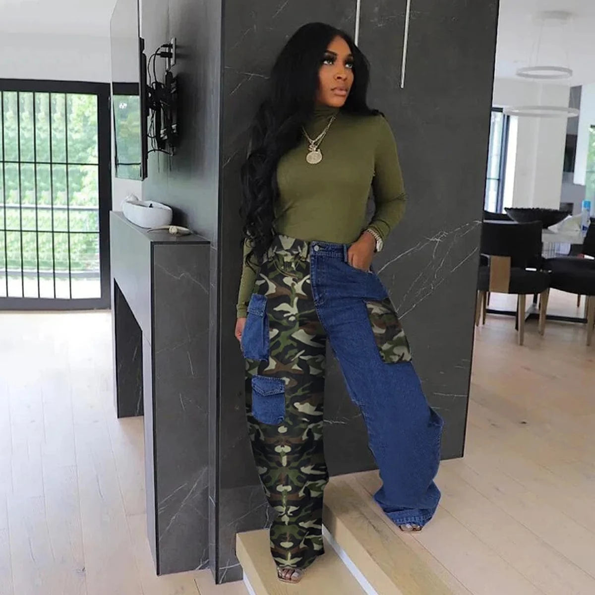 Bomblook C301PT 2024 Spring Denim Pants Washed Camo Patchwork Cargo Jeans With Pockets For Women Casual Jean Good Quality Jeans