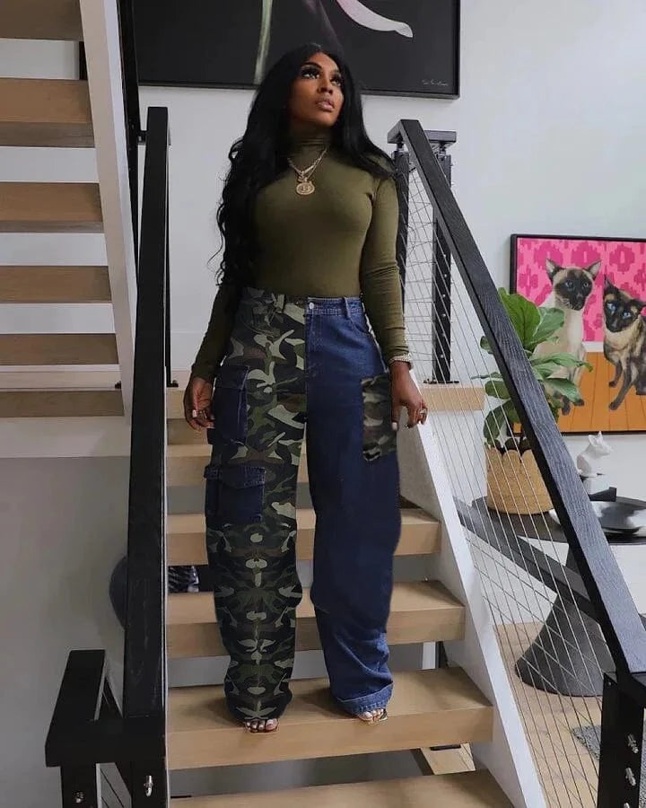 Bomblook C301PT 2024 Spring Denim Pants Washed Camo Patchwork Cargo Jeans With Pockets For Women Casual Jean Good Quality Jeans