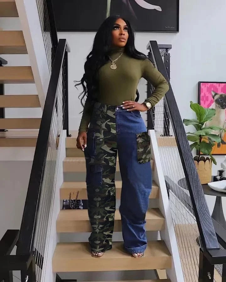 Bomblook C301PT 2024 Spring Denim Pants Washed Camo Patchwork Cargo Jeans With Pockets For Women Casual Jean Good Quality Jeans