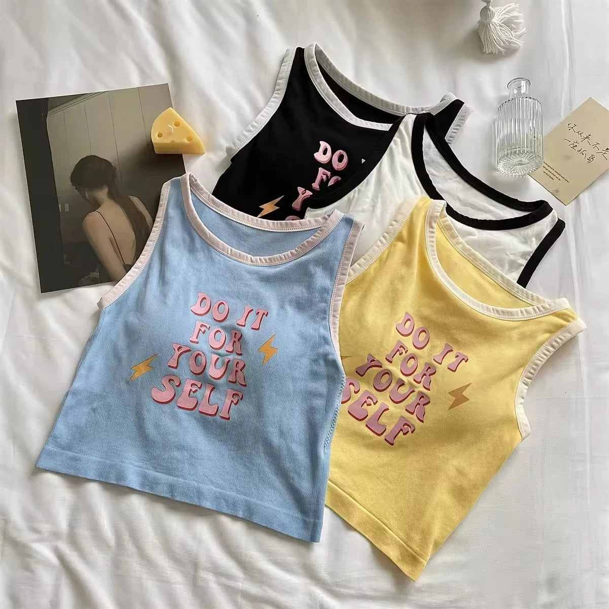 Bomblook C304TP Cute Letter Print Baby Tees 2024 New Arrivals Y2K Patchwork Streetwear Women's Fashion Rib Knit Tank Tops
