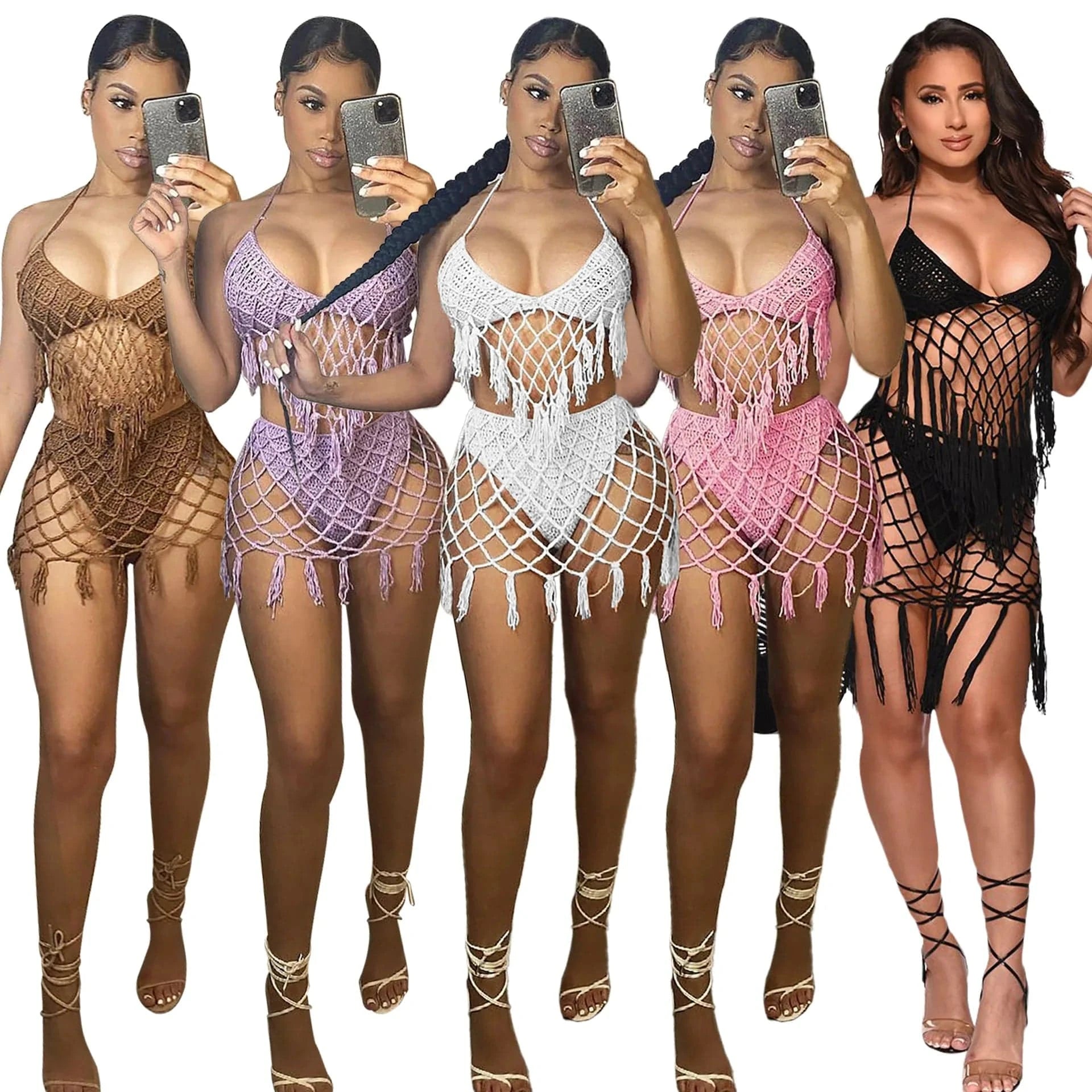 Bomblook C305ST02 Crochet Swim Suit 2024 Summer Beach 2 Pieces Sets Halter Top With Underwear Tassels Women Sexy Set