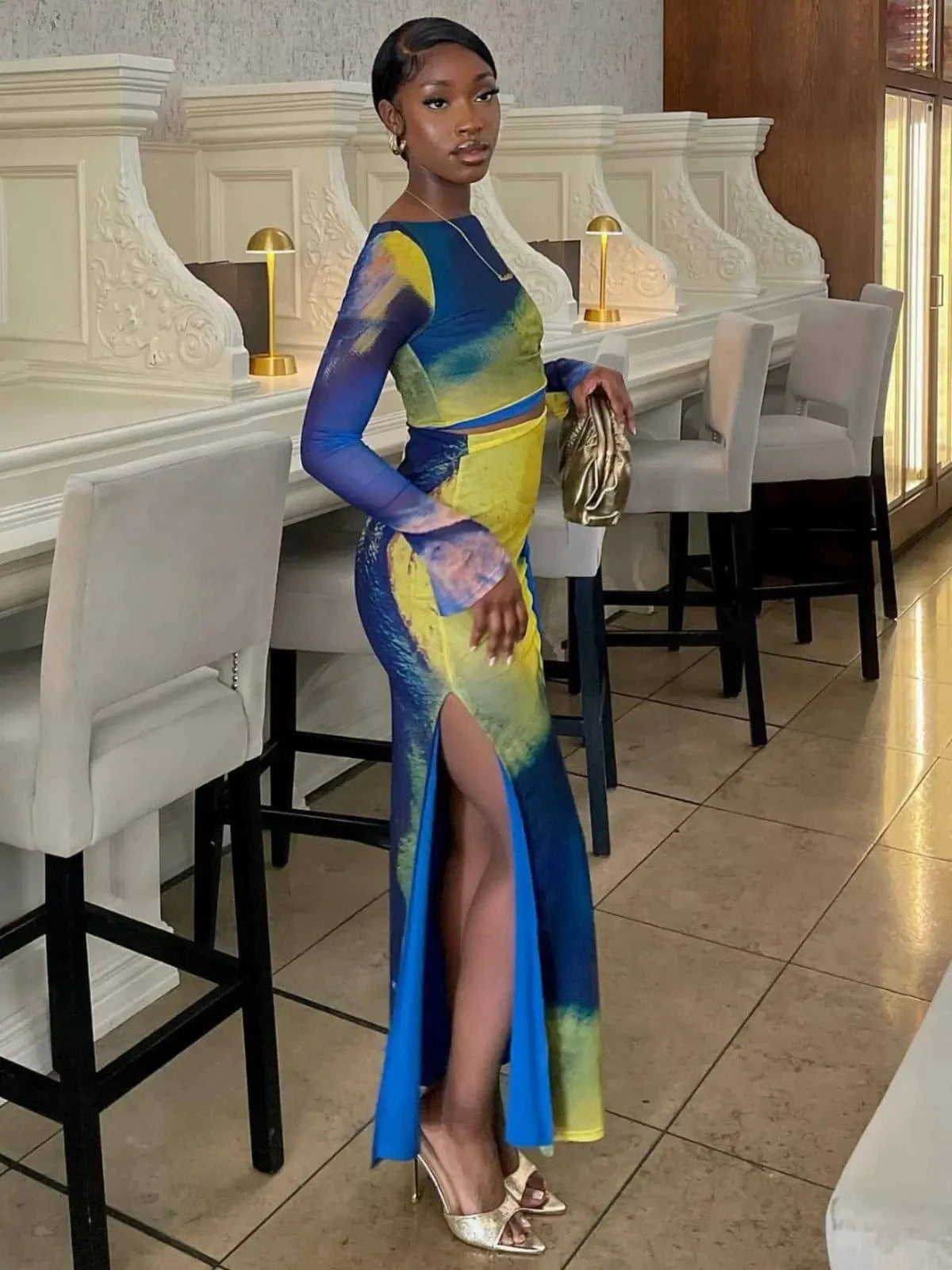 Bomblook C305ST06 Mesh Outfits Elegant Irregular Top With Midi Flare Skirts Set Women Color Block Print Women Two Piece Set 2024