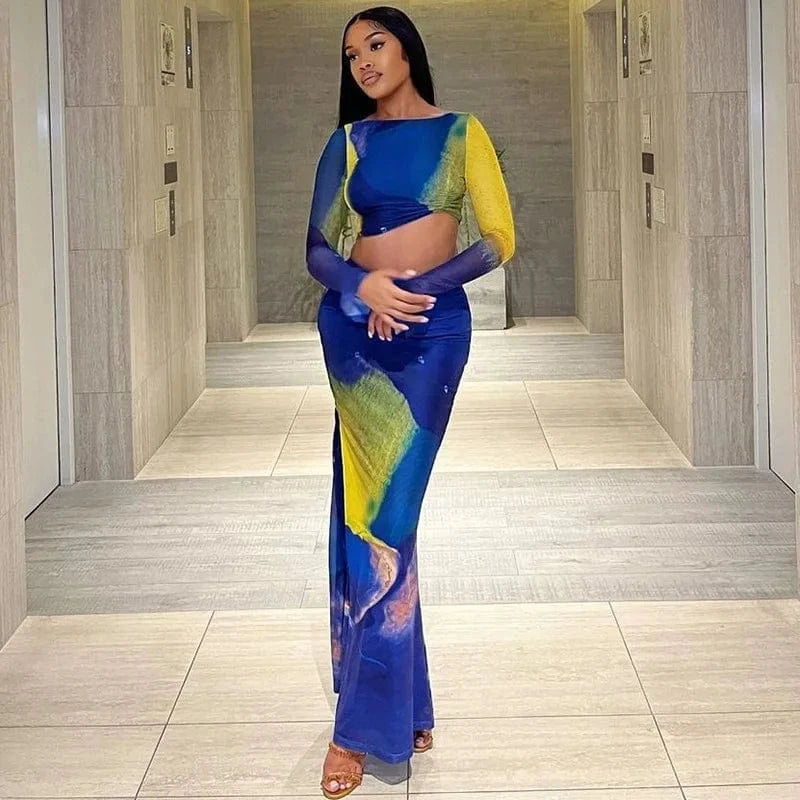 Bomblook C305ST06 Mesh Outfits Elegant Irregular Top With Midi Flare Skirts Set Women Color Block Print Women Two Piece Set 2024