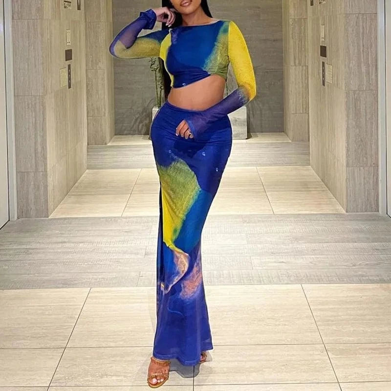 Bomblook C305ST06 Mesh Outfits Elegant Irregular Top With Midi Flare Skirts Set Women Color Block Print Women Two Piece Set 2024